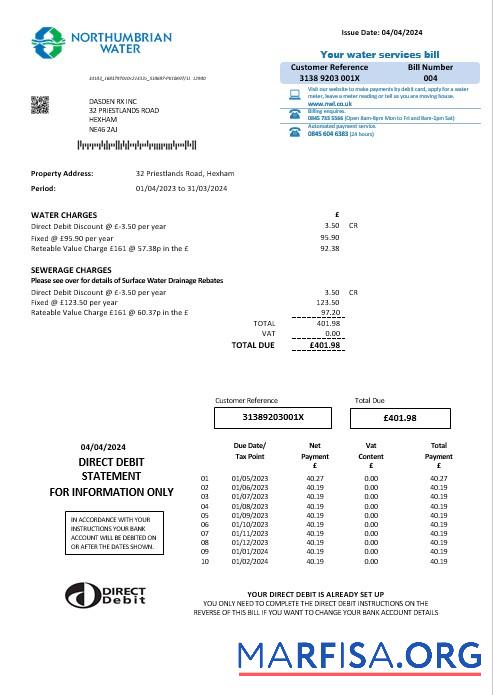 Realistic United Kingdom Northumbrian Water business utility bill template in Word and PDF formats, version 2